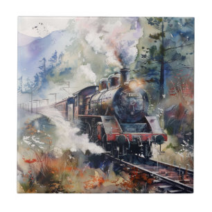 Scenic Landscape with Train Ceramic Tile