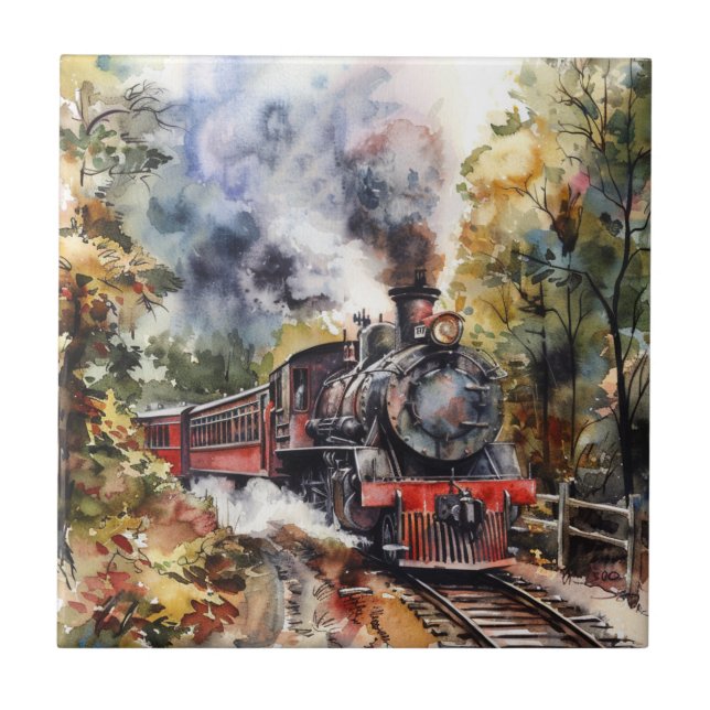 Scenic Landscape with Train Ceramic Tile (Front)