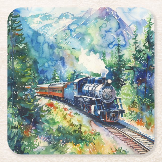 Scenic Landscape with Train Square Paper Coaster (Front)