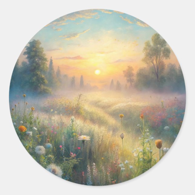 Scenic Meadow with Flowers Classic Round Sticker (Front)