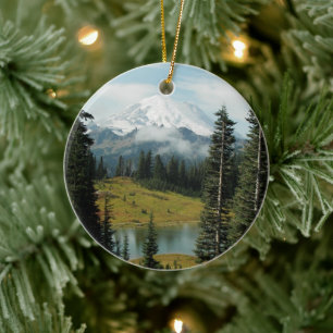 Scenic Mount Rainier Landscape Holiday Ceramic Tree Decoration