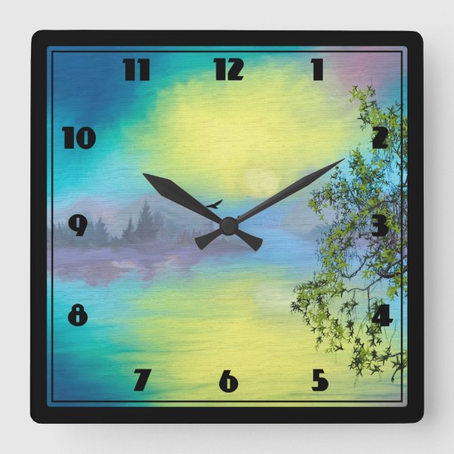 Scenic Mountain Lake Landscape Square Wall Clock (Front)