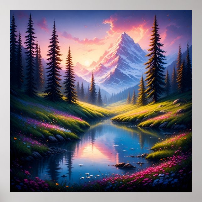 Scenic Mountain Landscape with Lake Reflections Poster (Front)
