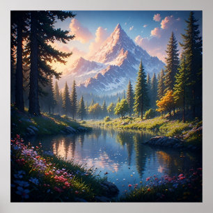 Scenic Mountain Landscape with Lake Reflections Poster