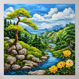Scenic Mountain River Tranquil Nature Landscape Poster
