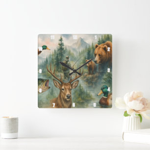 Scenic Nature Deer, Bears, Ducks, Wildlife Forest  Square Wall Clock