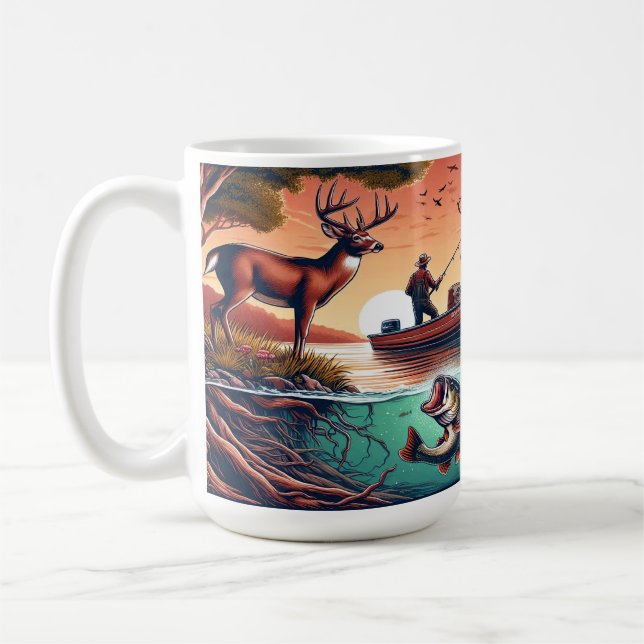 Scenic Outdoor Fishing Boat, Deer, and Bass Coffee Mug (Left)