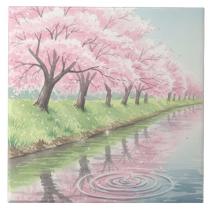 Scenic Pastel Pink Watercolor Cherry Blossom Tree  Ceramic Tile