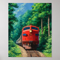 Scenic Red Locomotive Train Mountain Forest