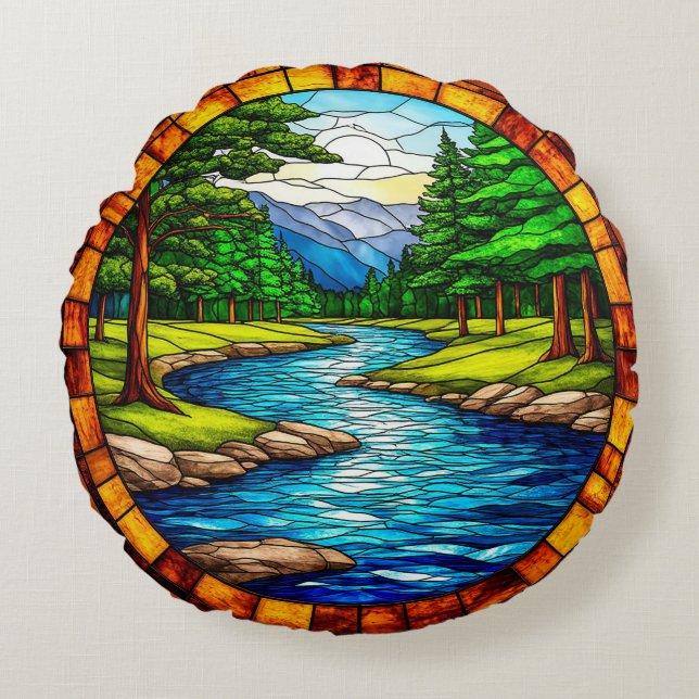 Scenic River and Forest Landscape Round Cushion (Front)