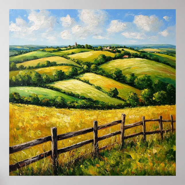 Scenic Rolling Hills with Wooden Fence Poster (Front)