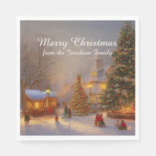Scenic Snow Christmas Trees In Quaint Village Napkin