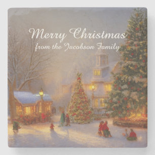 Scenic Snowy Christmas Trees In Quaint Village Stone Coaster