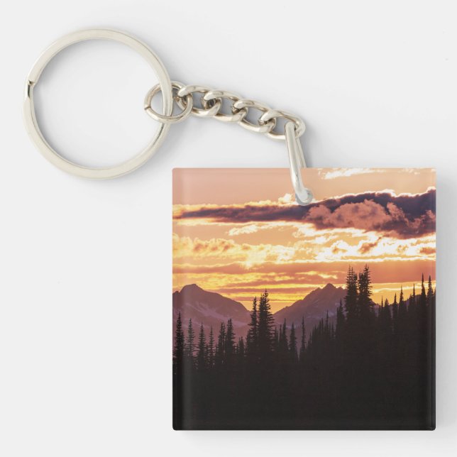 Scenic Sunset Mountains Jungle Pine trees Fall Jig Key Ring (Front)