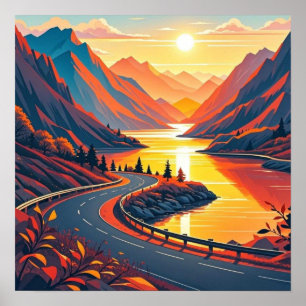 Scenic travel on winding road, sunsets poster