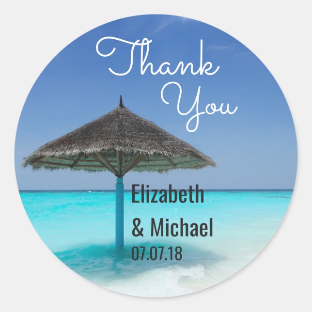 Scenic Tropical Beach Wedding Thanks Classic Round Sticker (Front)