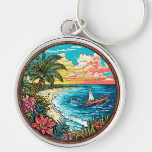 Scenic Tropical Beach with Sailboats Key Ring