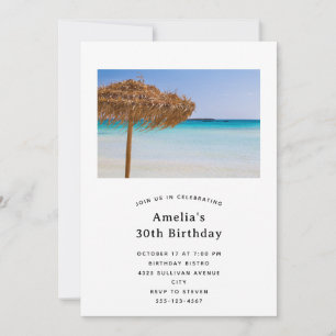 Scenic Tropical Beach with Straw Umbrella Birthday Invitation
