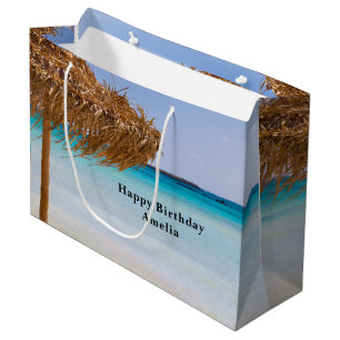 Scenic Tropical Beach with Straw Umbrella Birthday Large Gift Bag