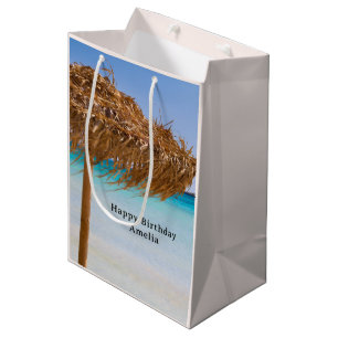 Scenic Tropical Beach with Straw Umbrella Birthday Medium Gift Bag