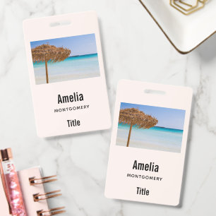 Scenic Tropical Beach with Straw Umbrella Business ID Badge