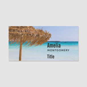 Scenic Tropical Beach with Straw Umbrella Business Name Tag