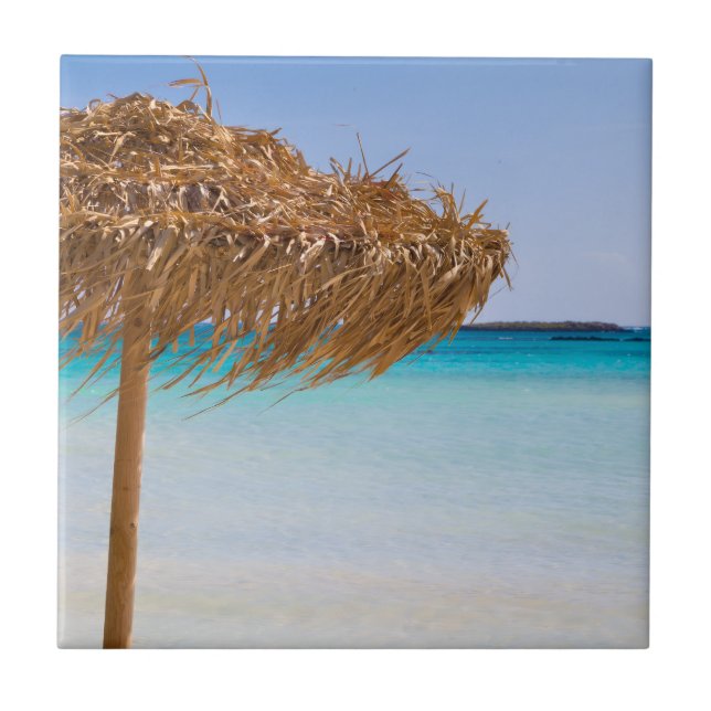 Scenic Tropical Beach with Straw Umbrella Ceramic Tile (Front)