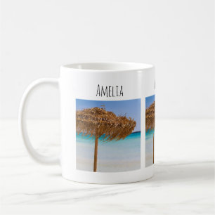 Scenic Tropical Beach with Straw Umbrella Coffee Mug