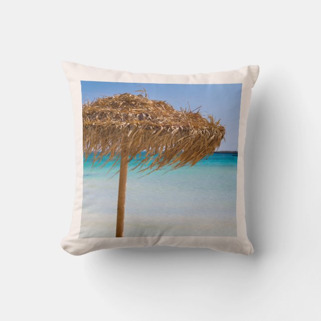 Scenic Tropical Beach with Straw Umbrella Cushion (Front)
