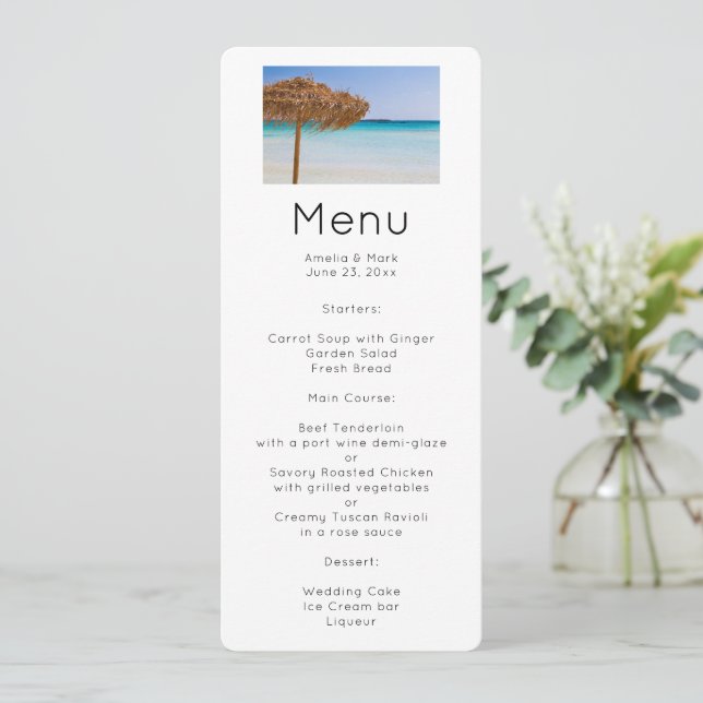 Scenic Tropical Beach with Straw Umbrella Invitation (Standing Front)