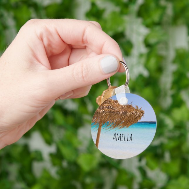 Scenic Tropical Beach with Straw Umbrella Key Ring (Hand)