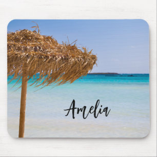 Scenic Tropical Beach with Straw Umbrella Mouse Pad
