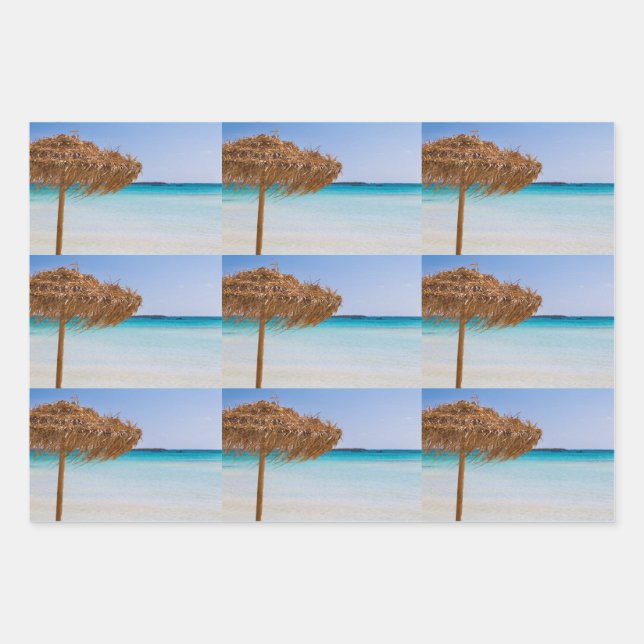 Scenic Tropical Beach with Straw Umbrella Pattern Wrapping Paper Sheet (Front)