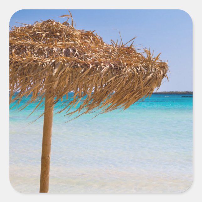 Scenic Tropical Beach with Straw Umbrella Square Sticker (Front)