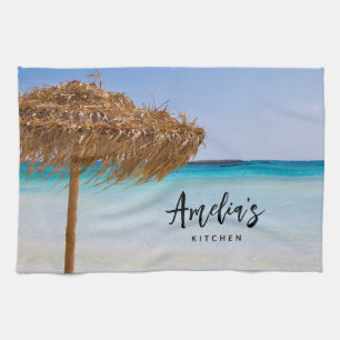 Scenic Tropical Beach with Straw Umbrella Tea Towel