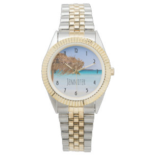 Scenic Tropical Beach with Straw Umbrella Watch
