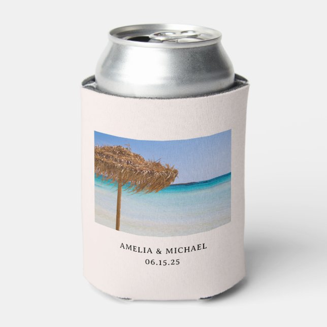 Scenic Tropical Beach with Straw Umbrella Wedding Can Cooler (Can Front)