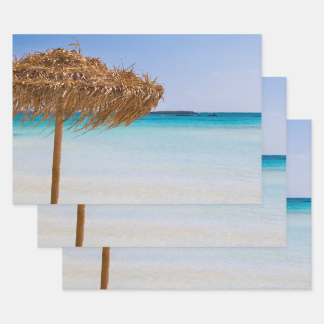 Scenic Tropical Beach with Straw Umbrella Wrapping Paper Sheet (Set)