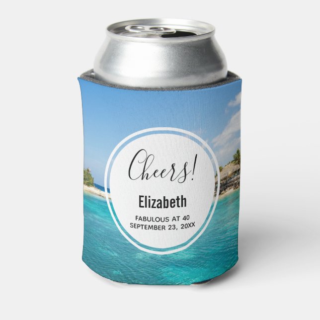 Scenic Tropical Beach with Thatched Huts Birthday Can Cooler (Can Back)