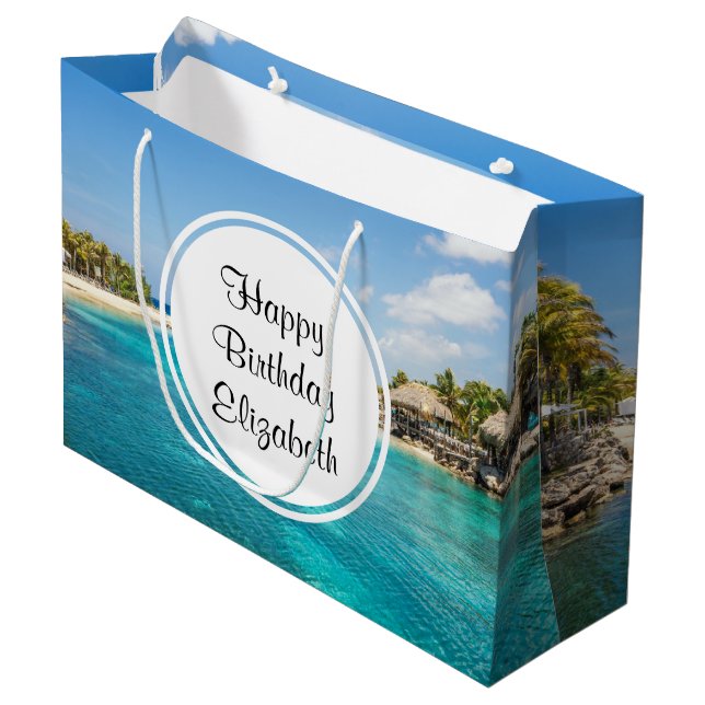 Scenic Tropical Beach with Thatched Huts Birthday Large Gift Bag (Front Angled)