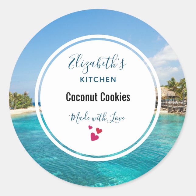 Scenic Tropical Beach with Thatched Huts Kitchen Classic Round Sticker (Front)