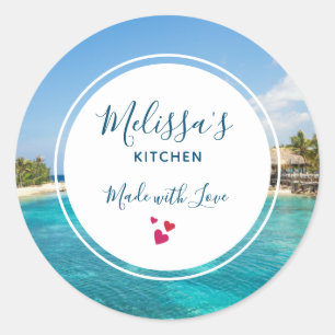 Scenic Tropical Beach with Thatched Huts Kitchen Classic Round Sticker