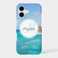Scenic Tropical Beach with Thatched Huts Monogram