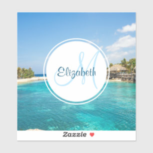 Scenic Tropical Beach with Thatched Huts Monogram