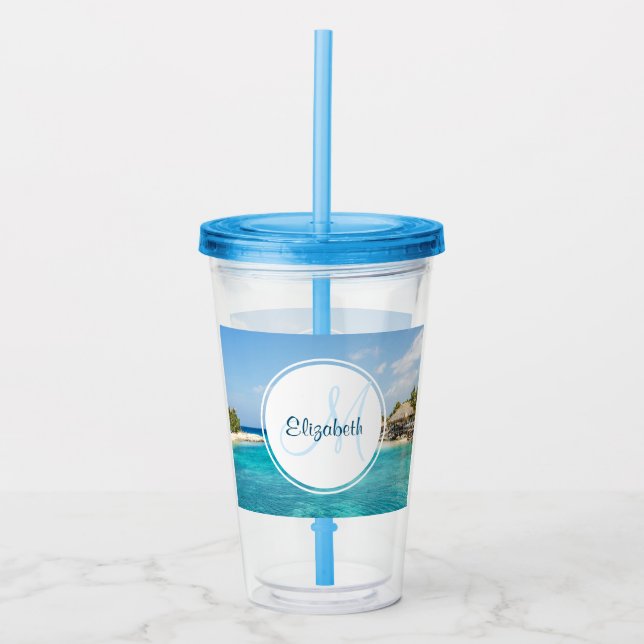 Scenic Tropical Beach with Thatched Huts Monogram Acrylic Tumbler (Front)