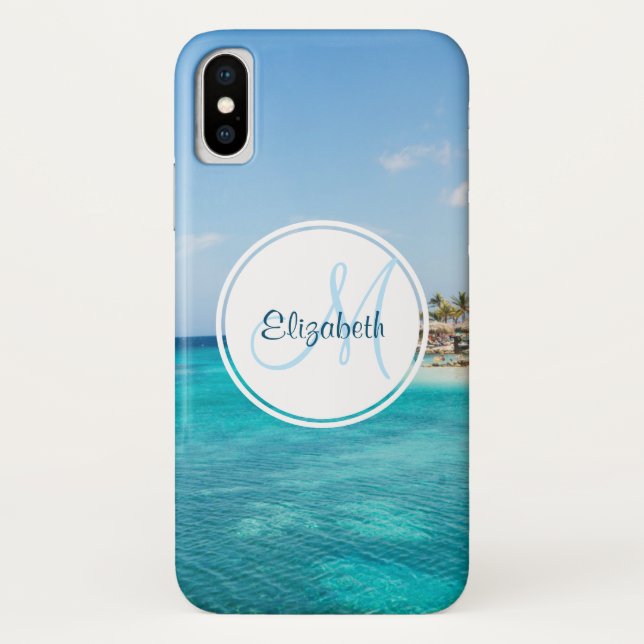 Scenic Tropical Beach with Thatched Huts Monogram Case-Mate iPhone Case (Back)