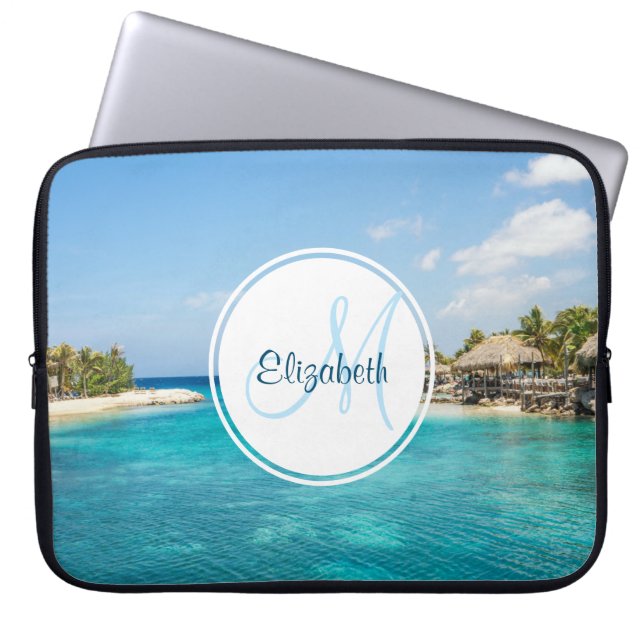 Scenic Tropical Beach with Thatched Huts Monogram Laptop Sleeve (Front)