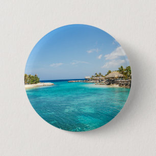 Scenic Tropical Beach with Thatched Huts Photo 6 Cm Round Badge