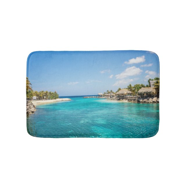 Scenic Tropical Beach with Thatched Huts Photo Bath Mat (Front)