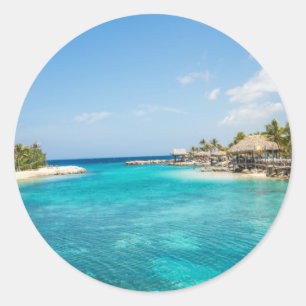 Scenic Tropical Beach with Thatched Huts Photo Classic Round Sticker